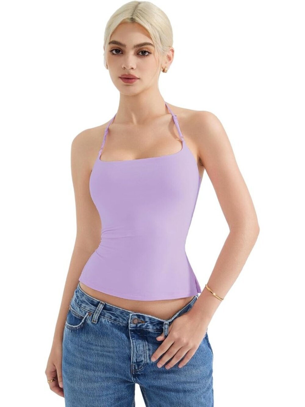 Women's Lilac Sleeveless Backless Double Lined Pull On Imported Tank Top - Picture 2 of 6